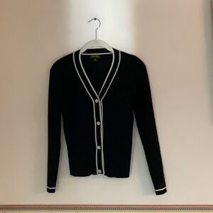 Tenney Rose Ribbed Knit Cardigan, Size S, Black/White Trim